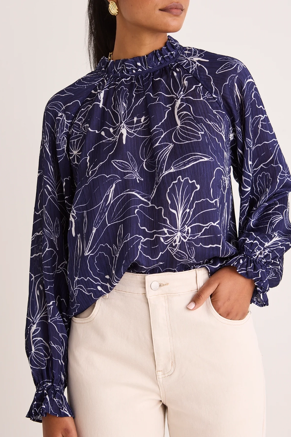 Blue Floral Print Long - Sleeve Top