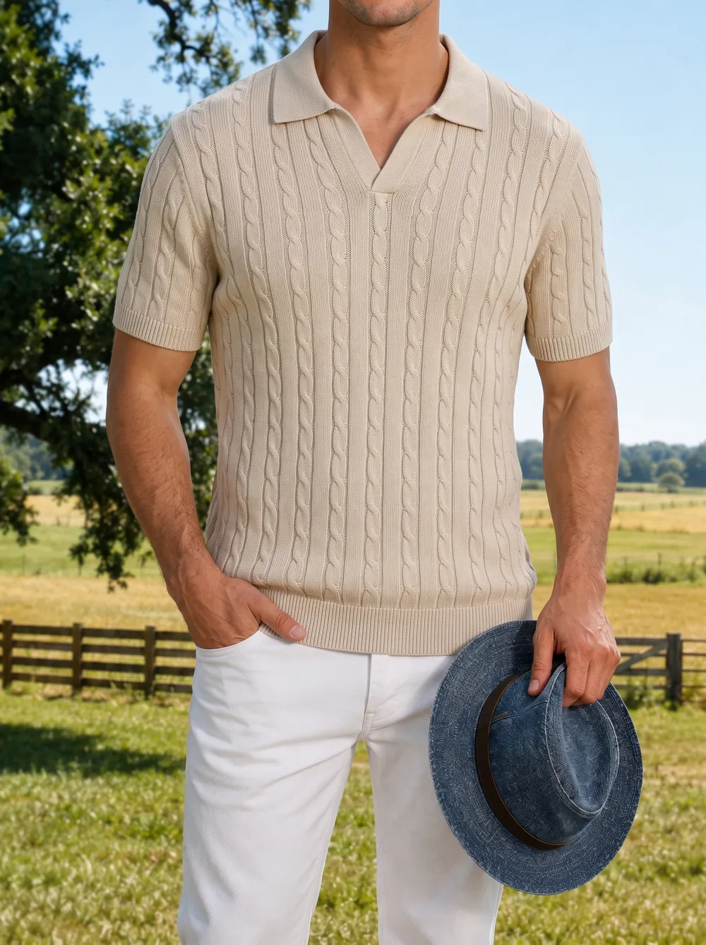 Men's Cable Knit Open Collar Short Sleeve Polo Shirt