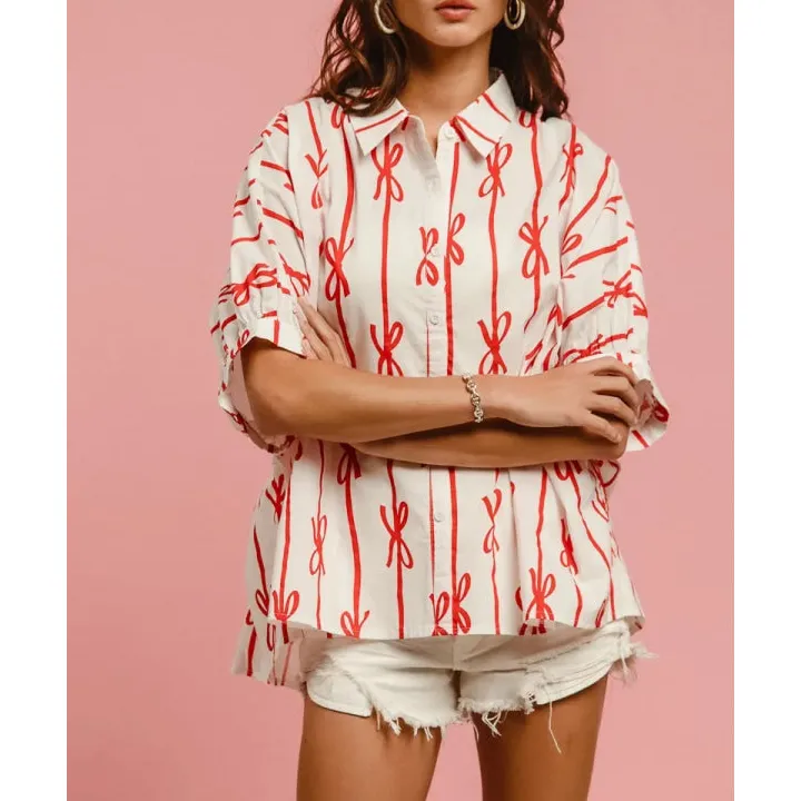Classic Bow Ribbon Woven Printed Button Down Shirt