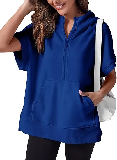 Women's Oversized Half Zip Short Sleeve Hoodie with Pockets