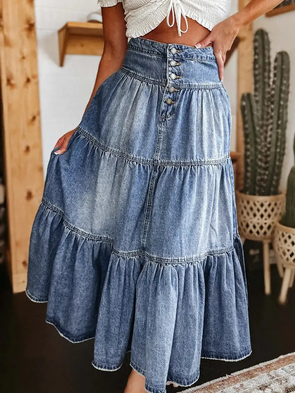 Tiered Button Fly Denim Skirt