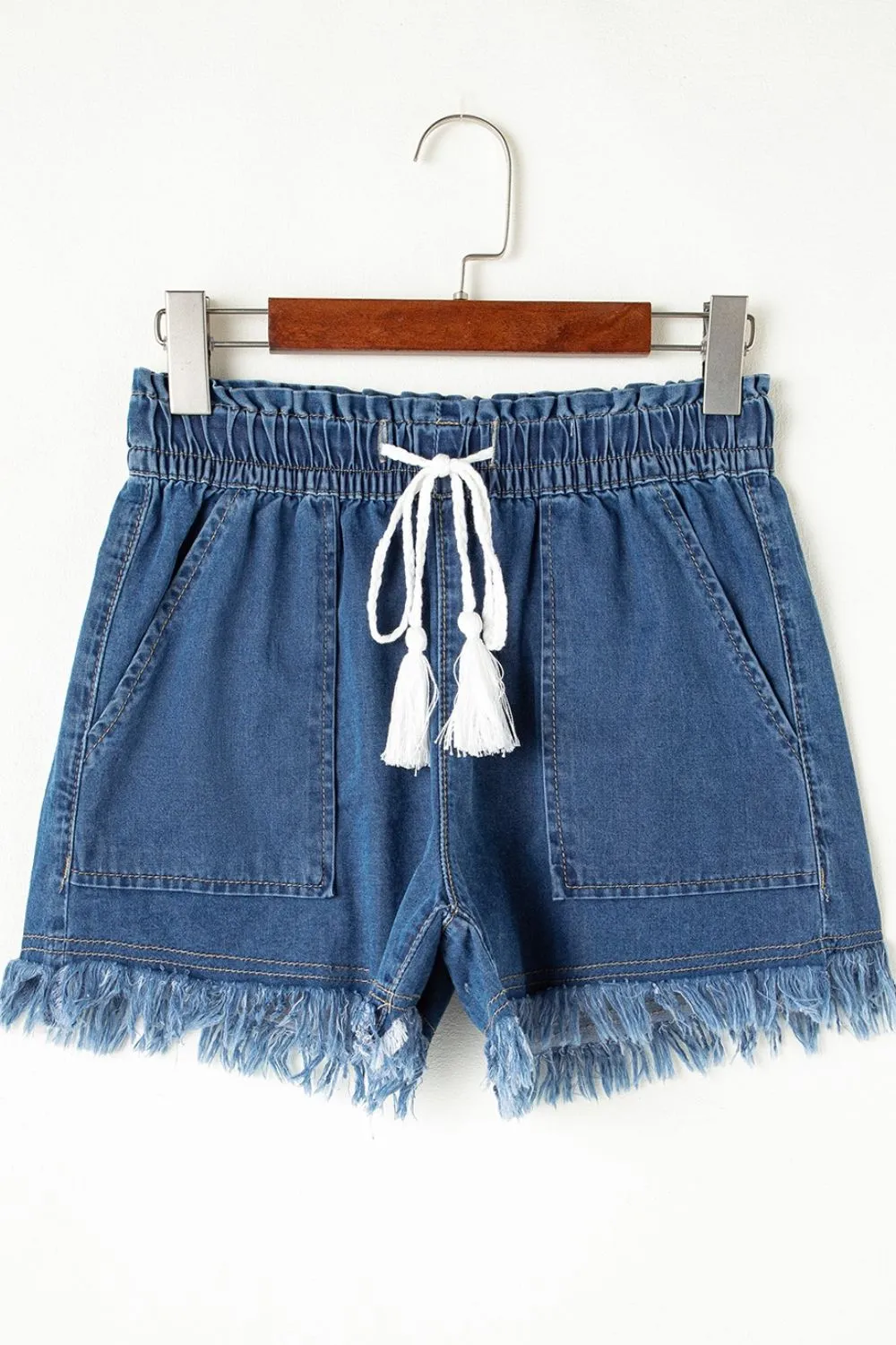 Raw Hem Drawstring High Waist Denim Shorts with Pockets