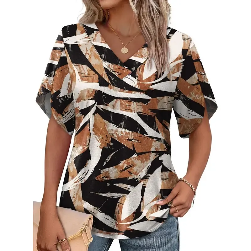 Women's Summer Short Petal Sleeve Blouse, V‑Neck Casual Top
