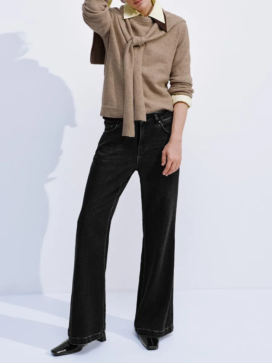 Ladies Black Casual Denim Flared Trousers