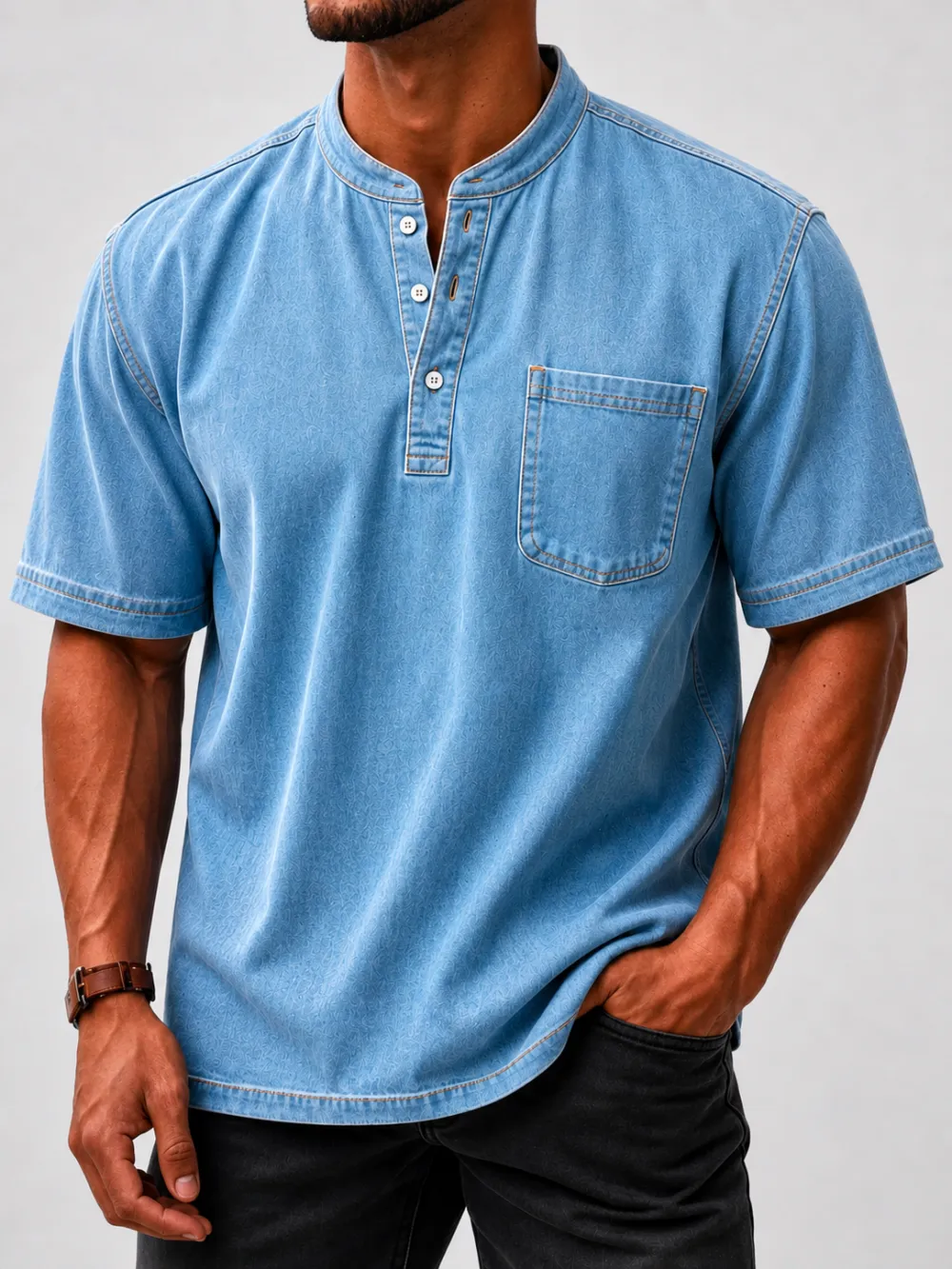 Men's Washed Stand Collar Henley Shirt