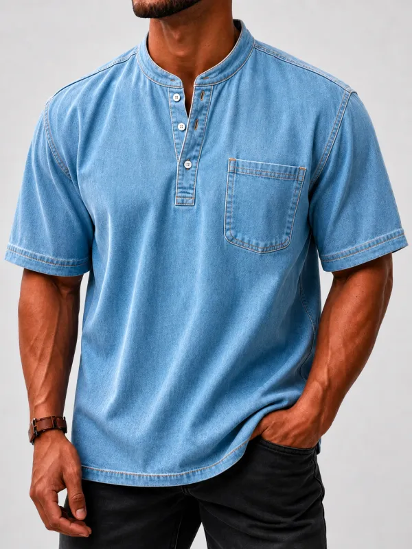 Men's Washed Stand Collar Henley Shirt