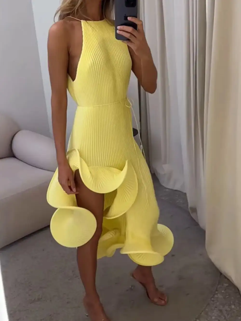 Ribbed Ruffle Sleeveless Dress Casual