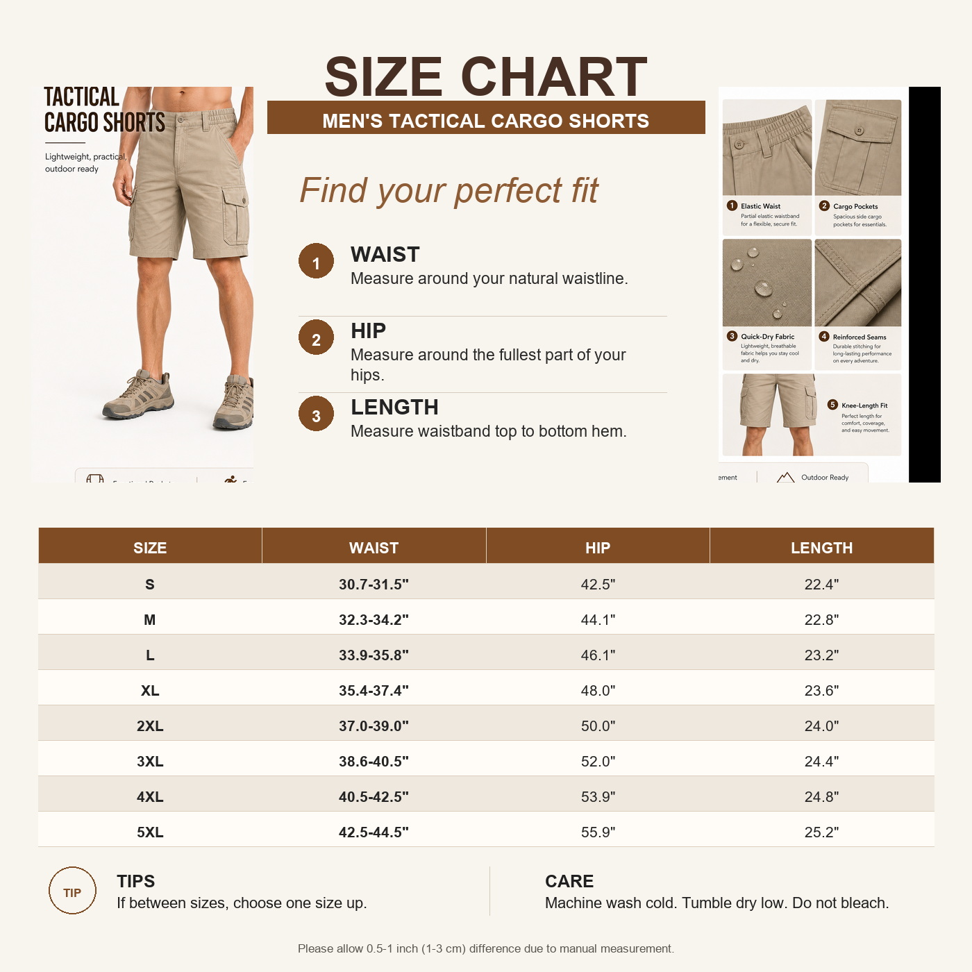 Men's Summer Tactical Outdoor Cargo Shorts size chart