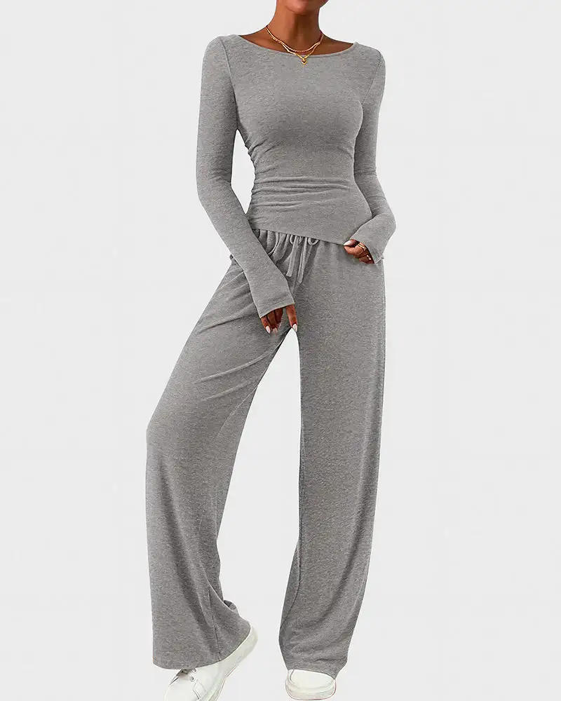 Asymmetrical Long Sleeve Top and Wide Leg Pants Lounge Set