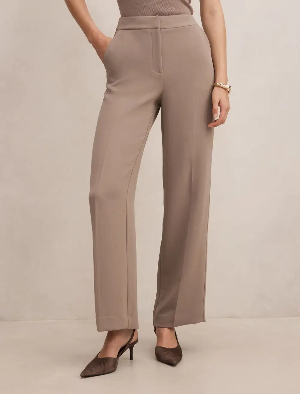 Light Taupe Straight Leg Tailored Pants