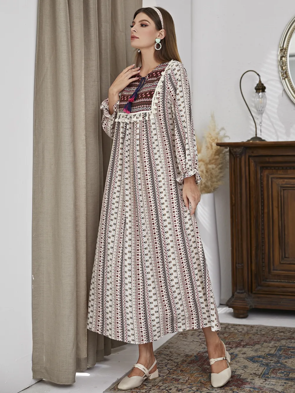 Floral & Geo Print Flounce Sleeve Tassel Trim Tie Neck Dress