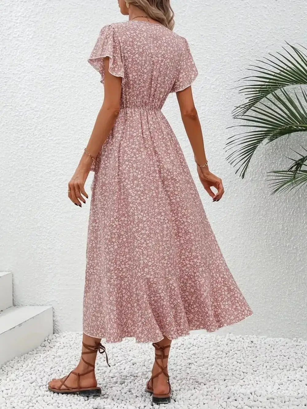 Print Ruffle Hem Wrap Midi Dress