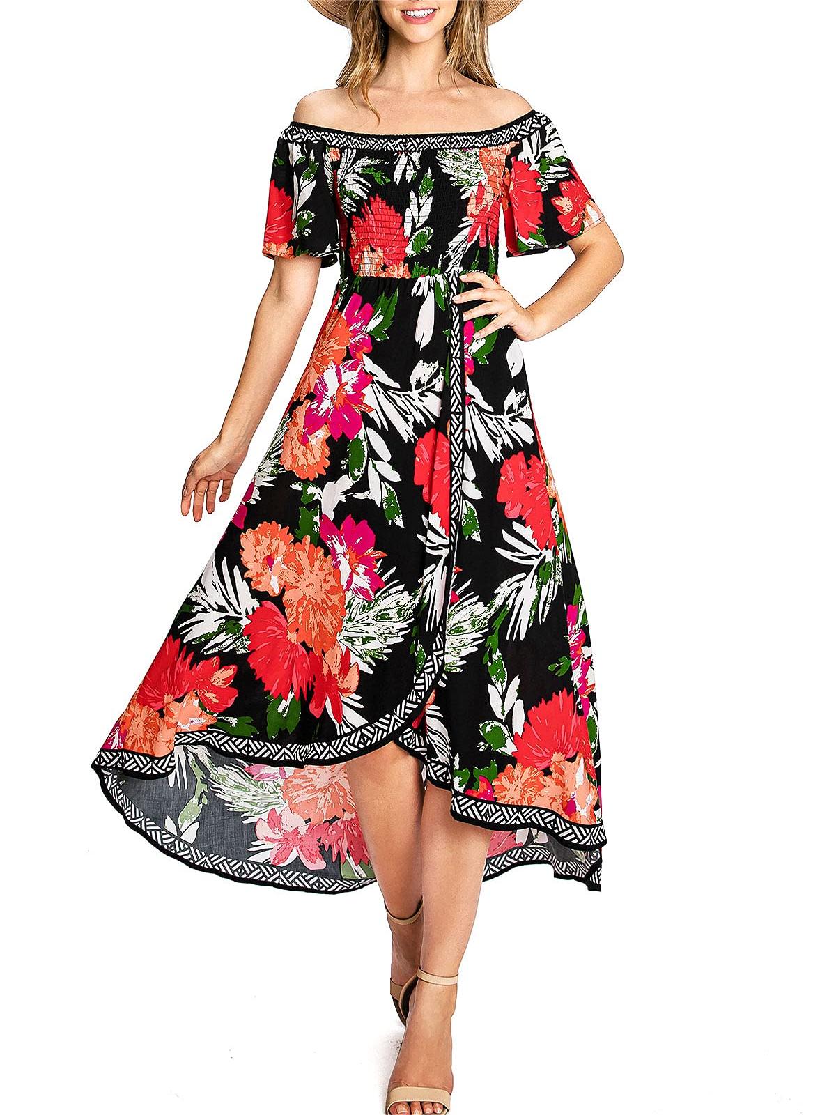 Black and Red Floral Off - Shoulder Dress