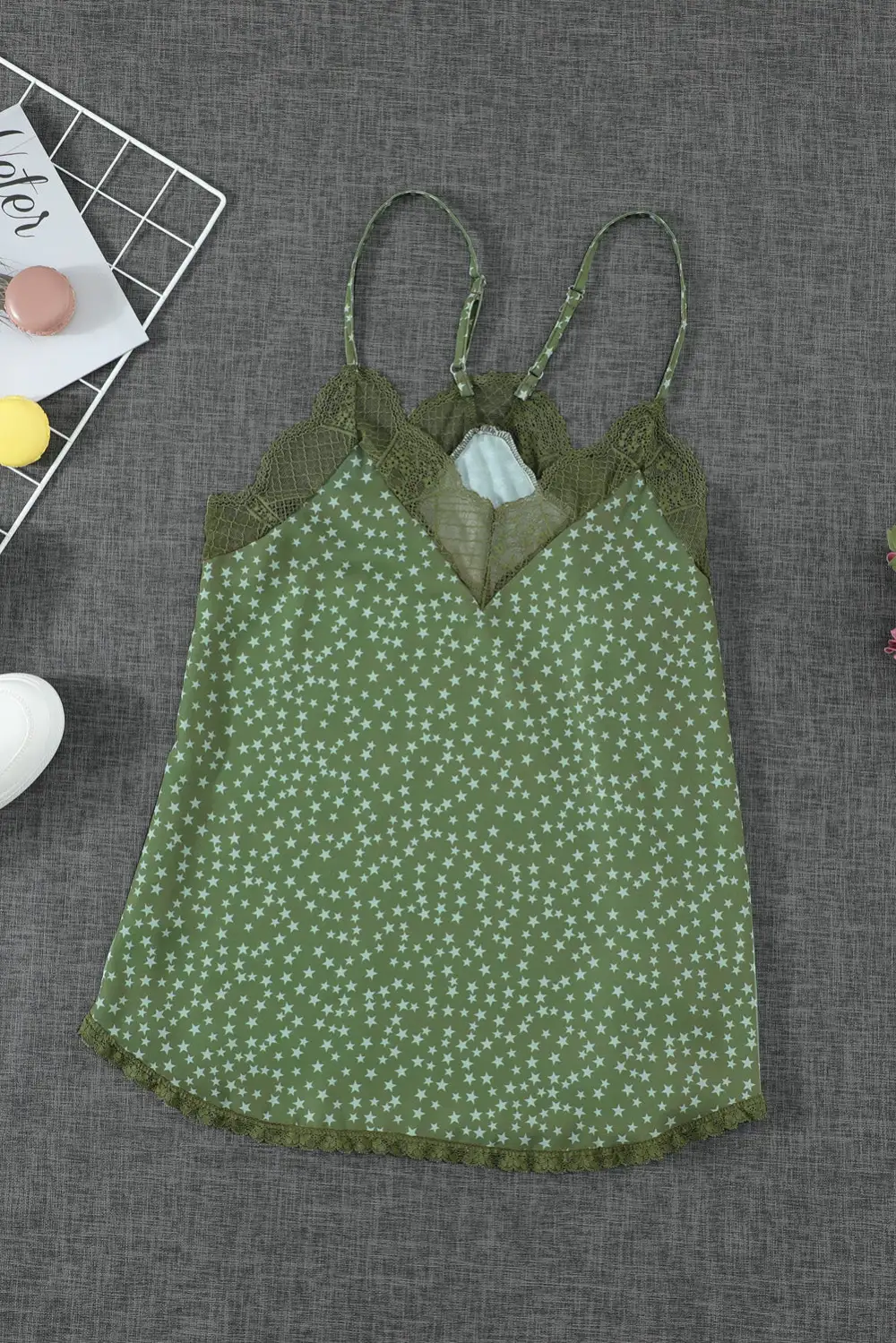 Lively Spaghetti Strap Printed Lace Tank Top