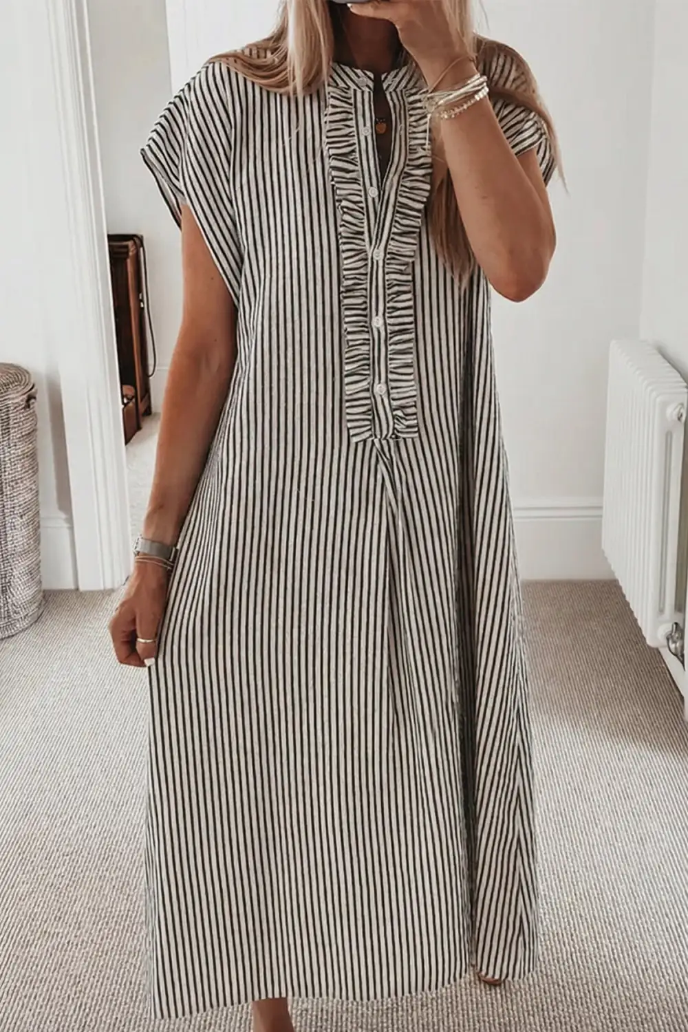 Maxi Stripe Frilled Detail Half Buttons Short Sleeve Long Lightweight
