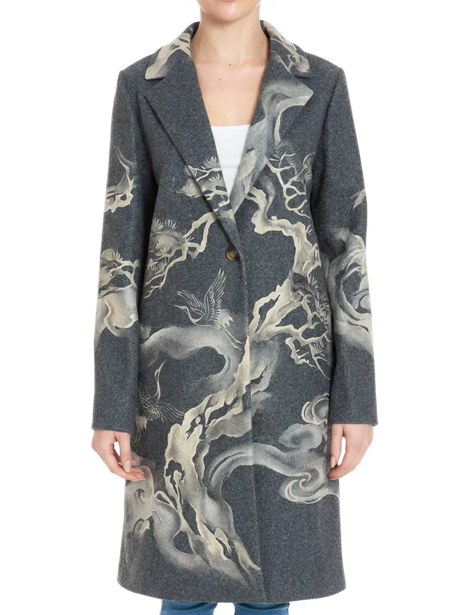 Women's Oriental Crane Tree Pattern Printed Wool Coat