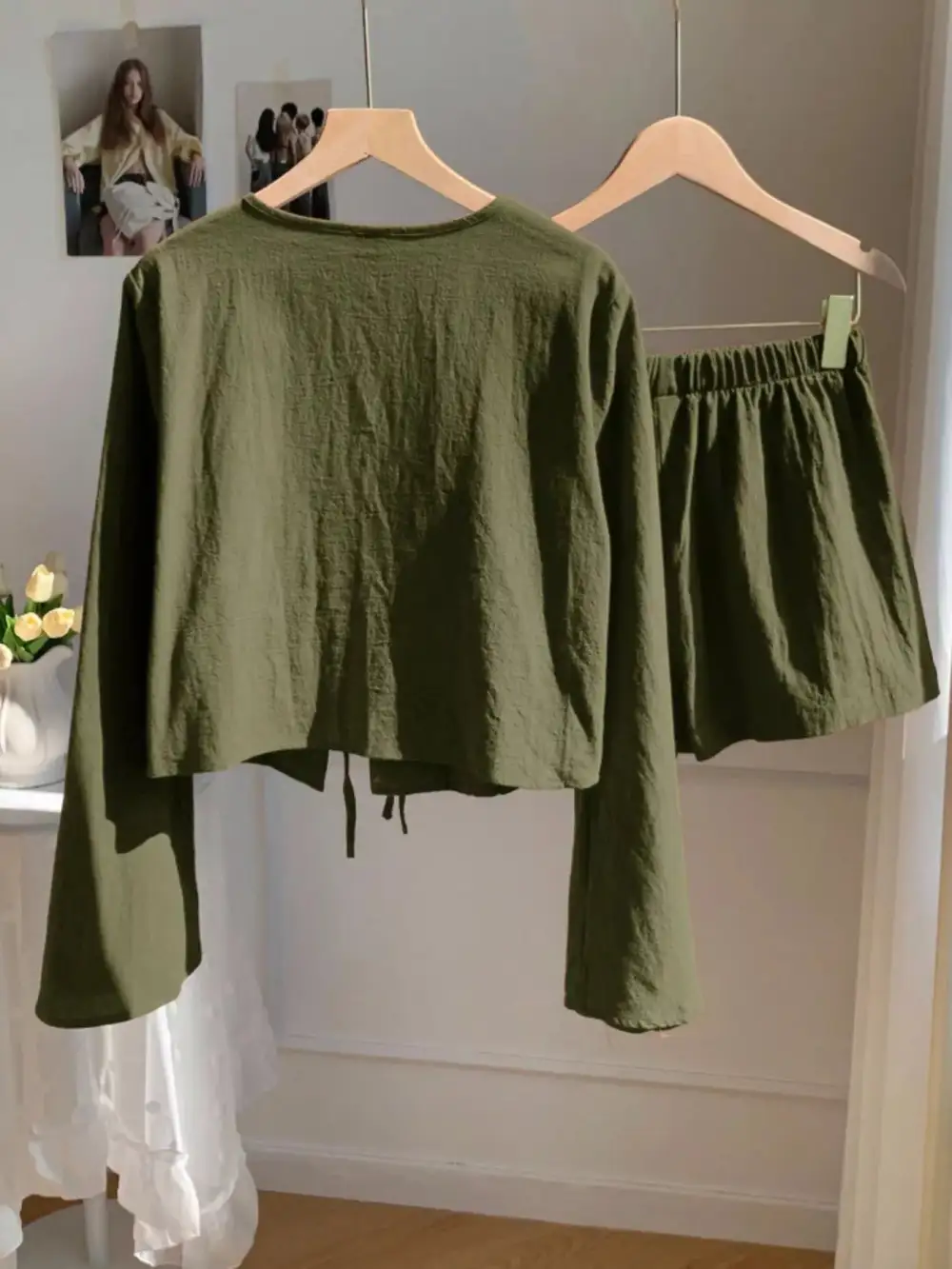 Embroidered Tie Front Top & Shorts Set
