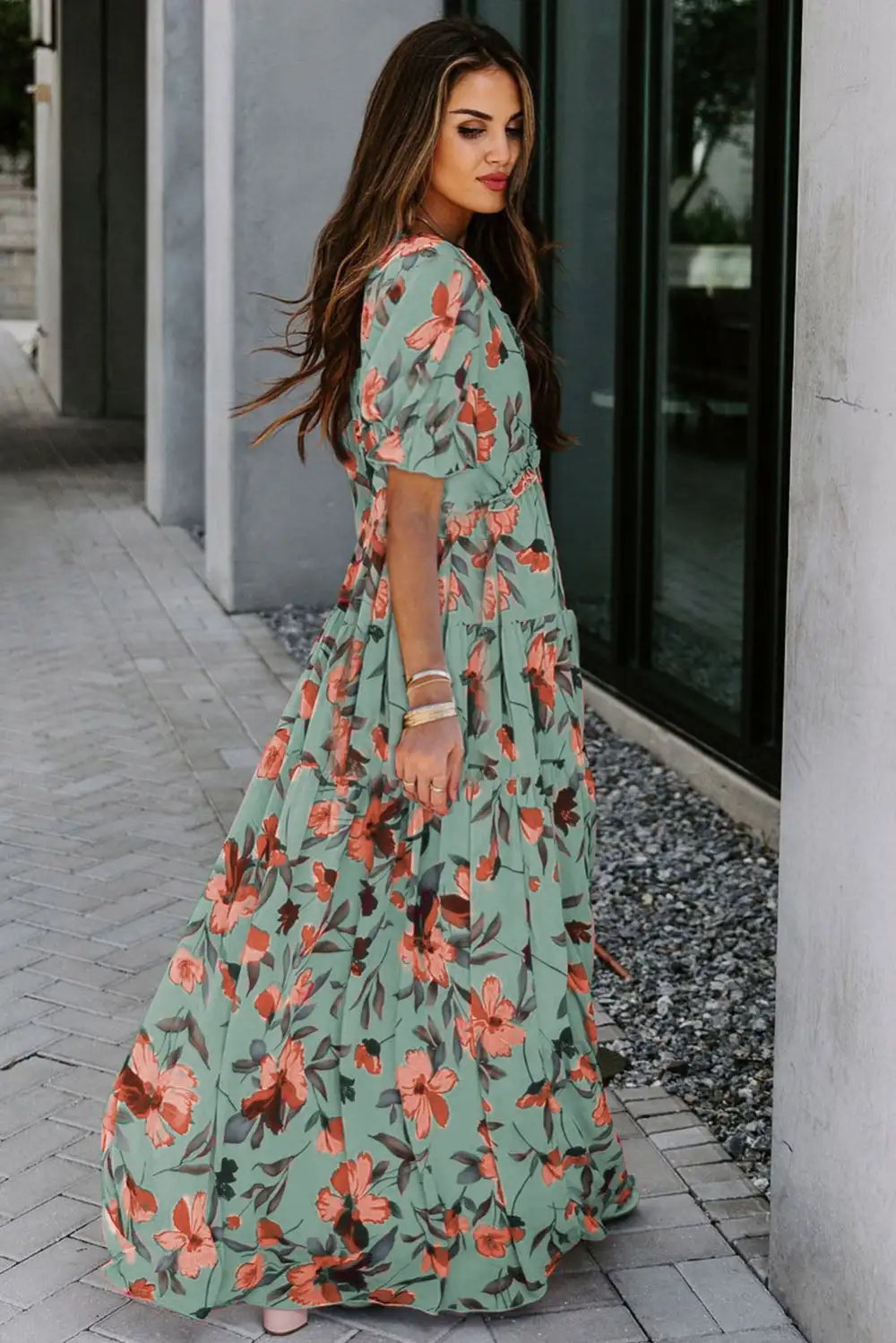 Comfort Fit Floral Printed V Neck Maxi Dress