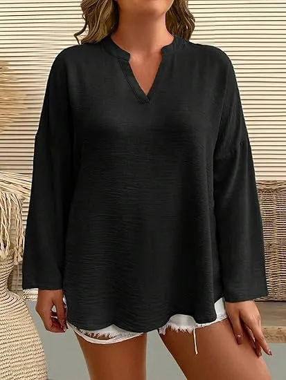 Women's Plain Notched Neck Drop Shoulder Blouse