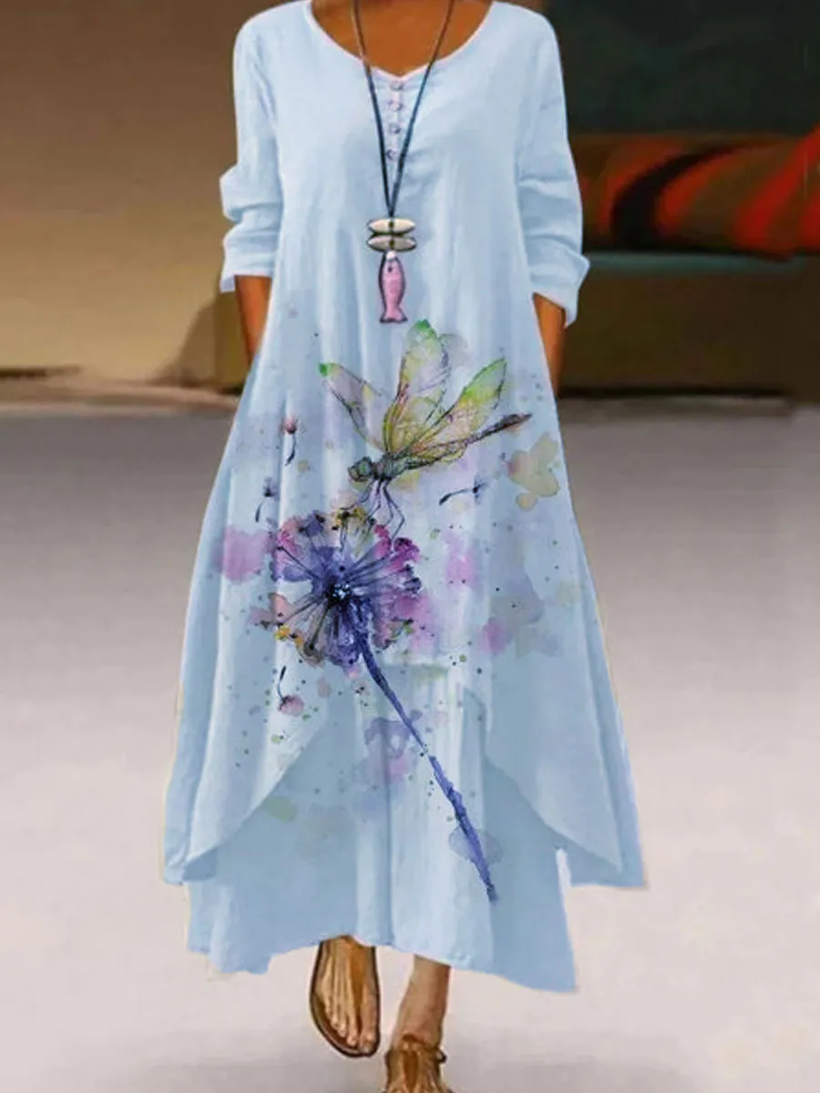 Round Neck Dandelion Print Loose Long Sleeve Maxi Dress