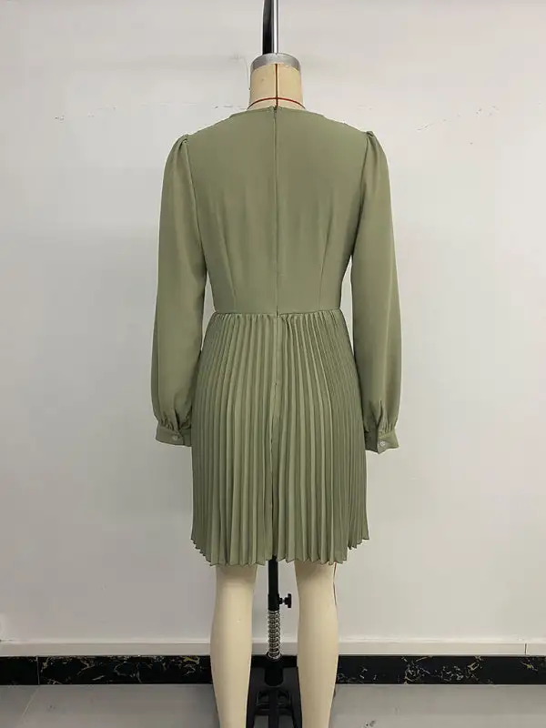 V Neck Pleated Long Sleeve Dress Casual