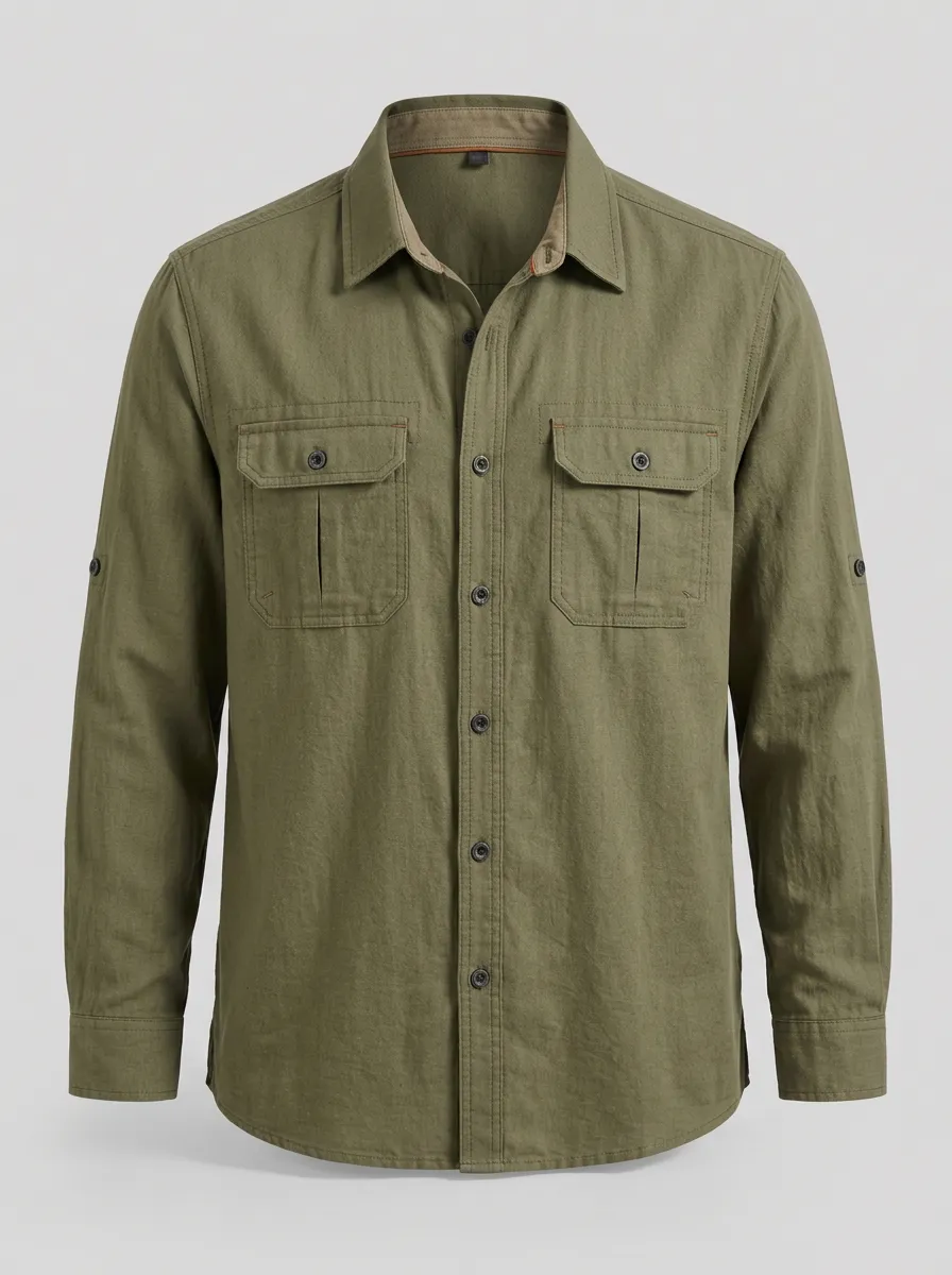 Men's Outdoor Casual Olive Green Button-Down Tactical Shirt