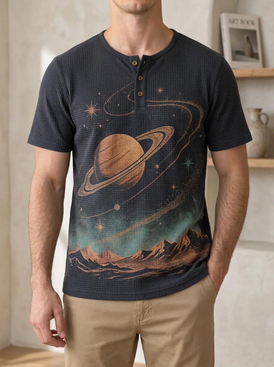 Men's Space Lover Saturn Mountain Printed Henley T-shirt