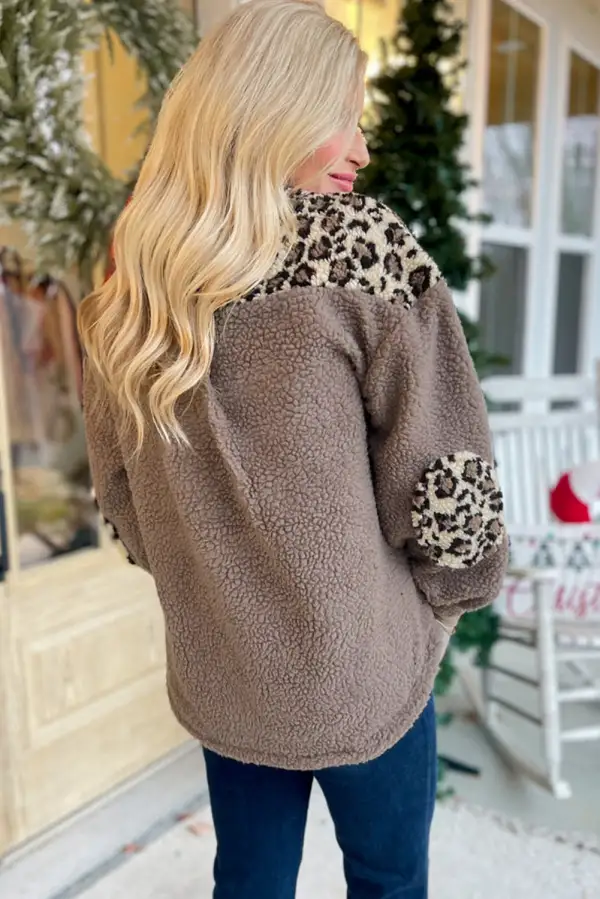 Sherpa Leopard Print Flap Pocket Collared Button-Up Jacket