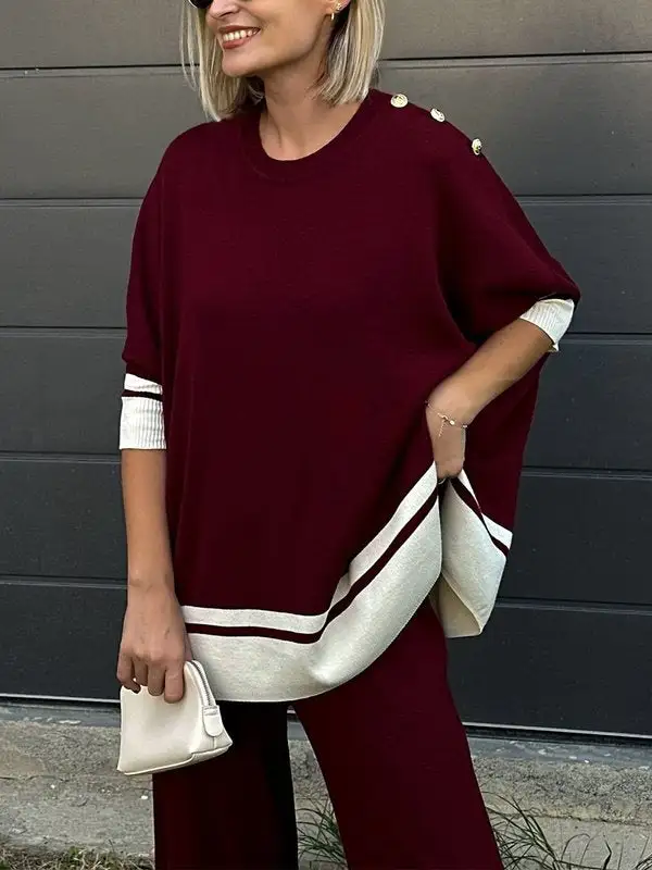 High Low Split Hem Button Detail Round Neck Long Sleeve Pullover Sweater
