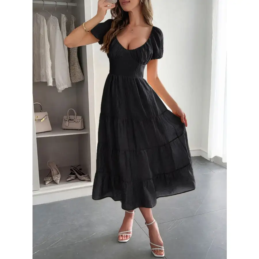 Backless Tiered Puff Sleeve Midi Dress