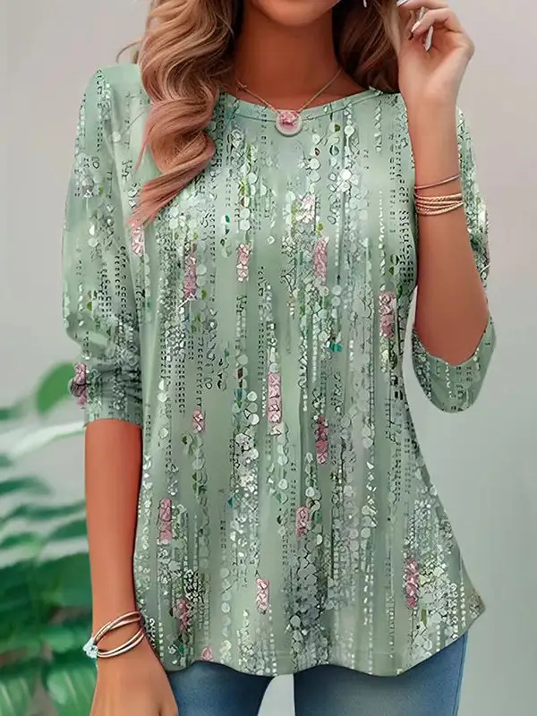 A-Line Long Sleeve Print Round Neck T-Shirt