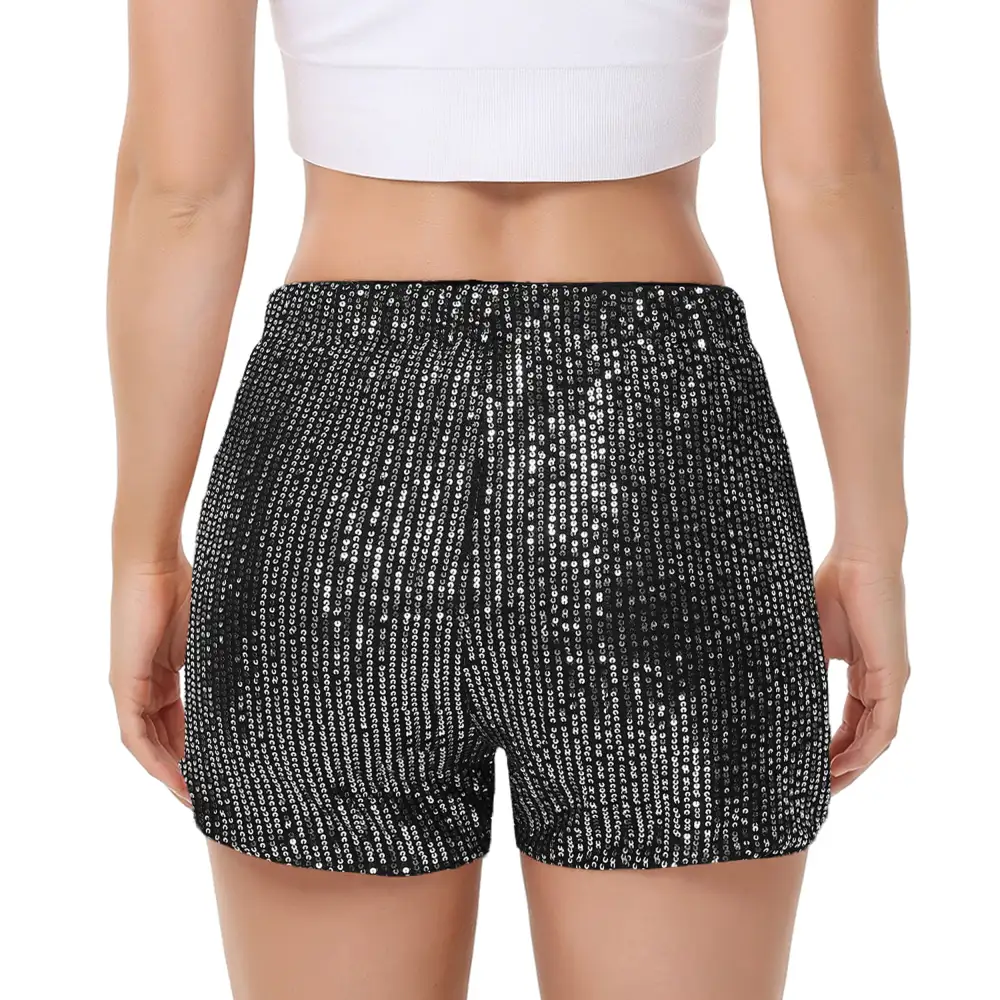 High-Waist Elastic-Waist Pocketed Straight Sequin Shorts