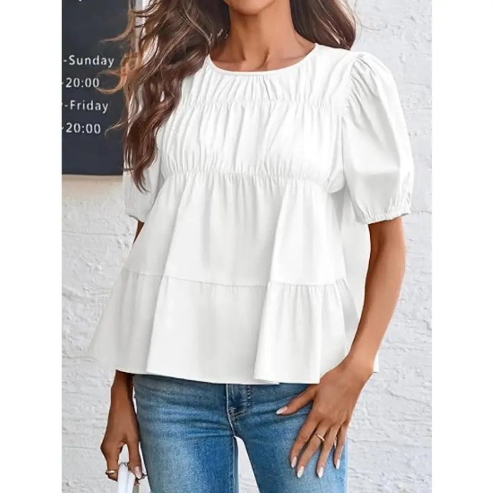 Womens Puff Sleeve Peplum Babydoll Tops