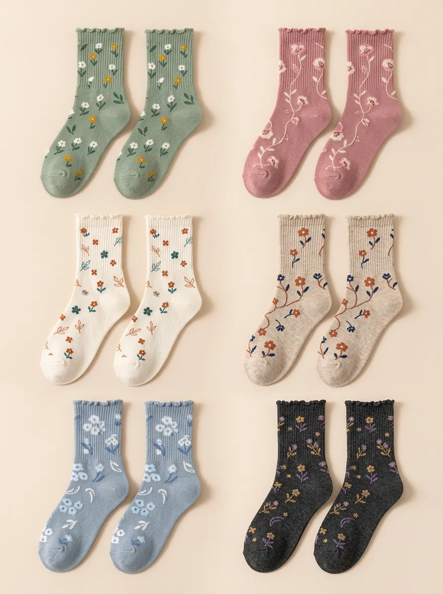 Women's Lettuce Edge Floral Ribbed Socks Six Pair Set