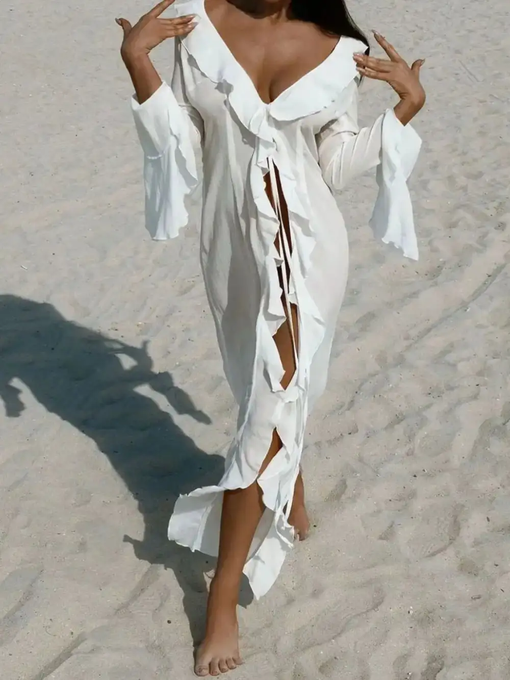Ruffled Long Sleeve Dress Swim Cover Up
