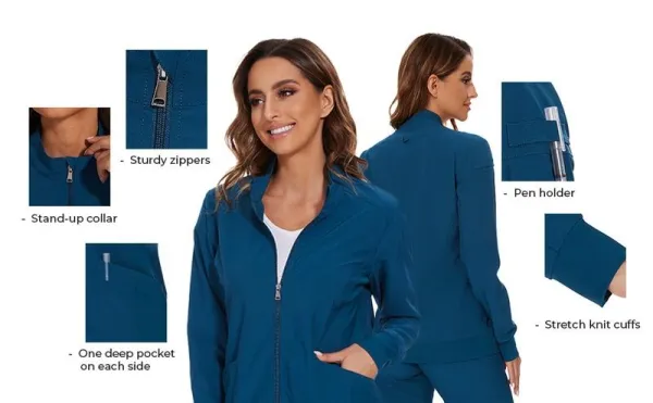 Scrub Jackets for Woman, Zip Front Nurse Jacket, 4-Way Stretch Fabric