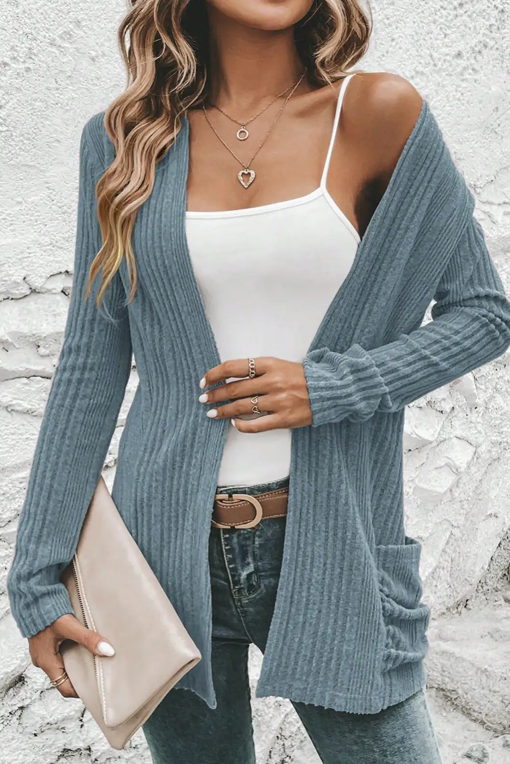 Ribbed Open Front Knit Top Pocketed Knit Cardigan
