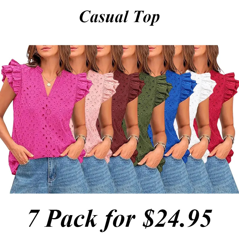 Women Summer Eyelet Tops Dressy Casual V-Neck Ruffle Cap Sleeve Cotton Boho Shirts