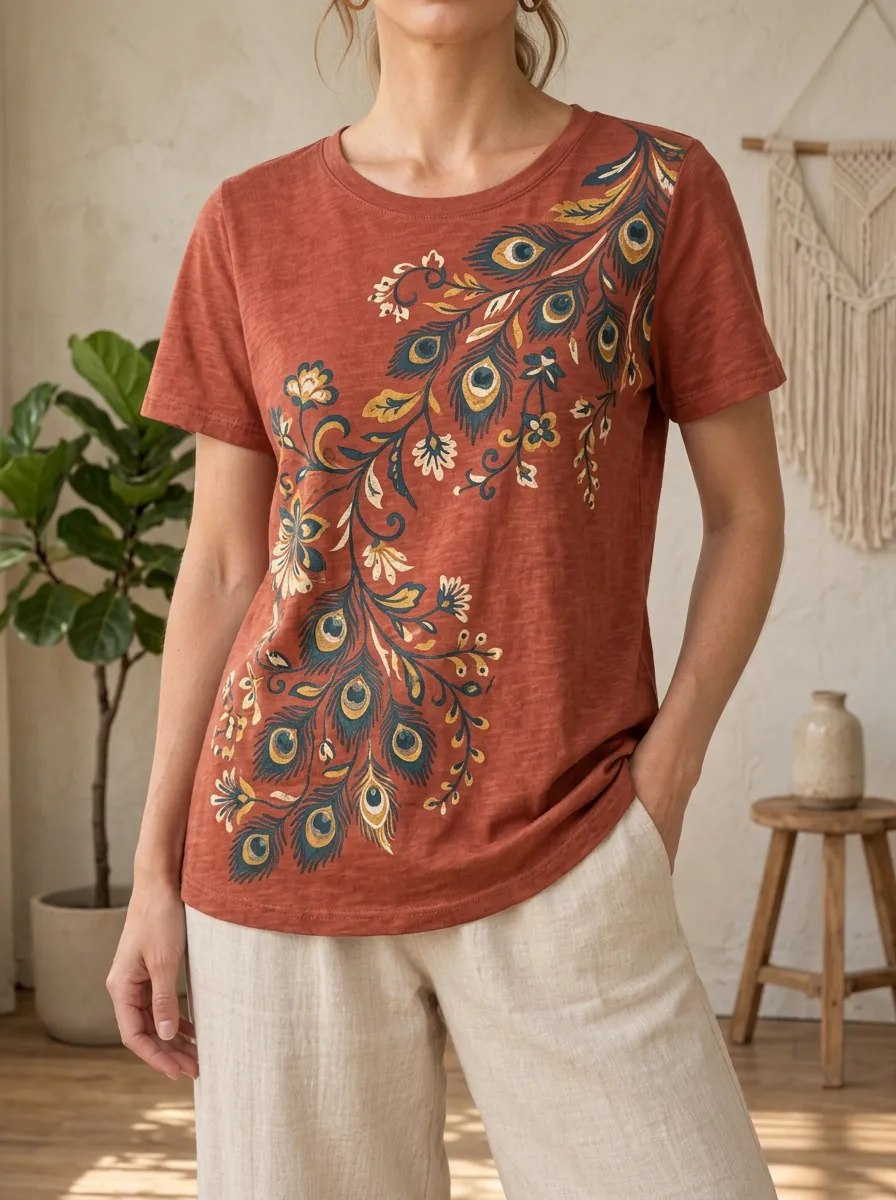 Women's Meadow Boho Peacock Feather Floral Crew Neck T-Shirt