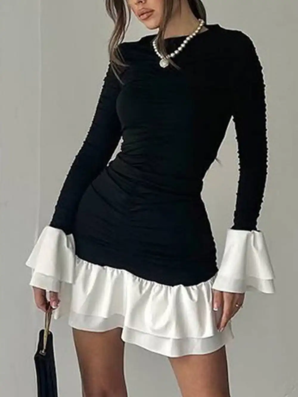 Polished Detail Ruffle Long Sleeve Mini Dress