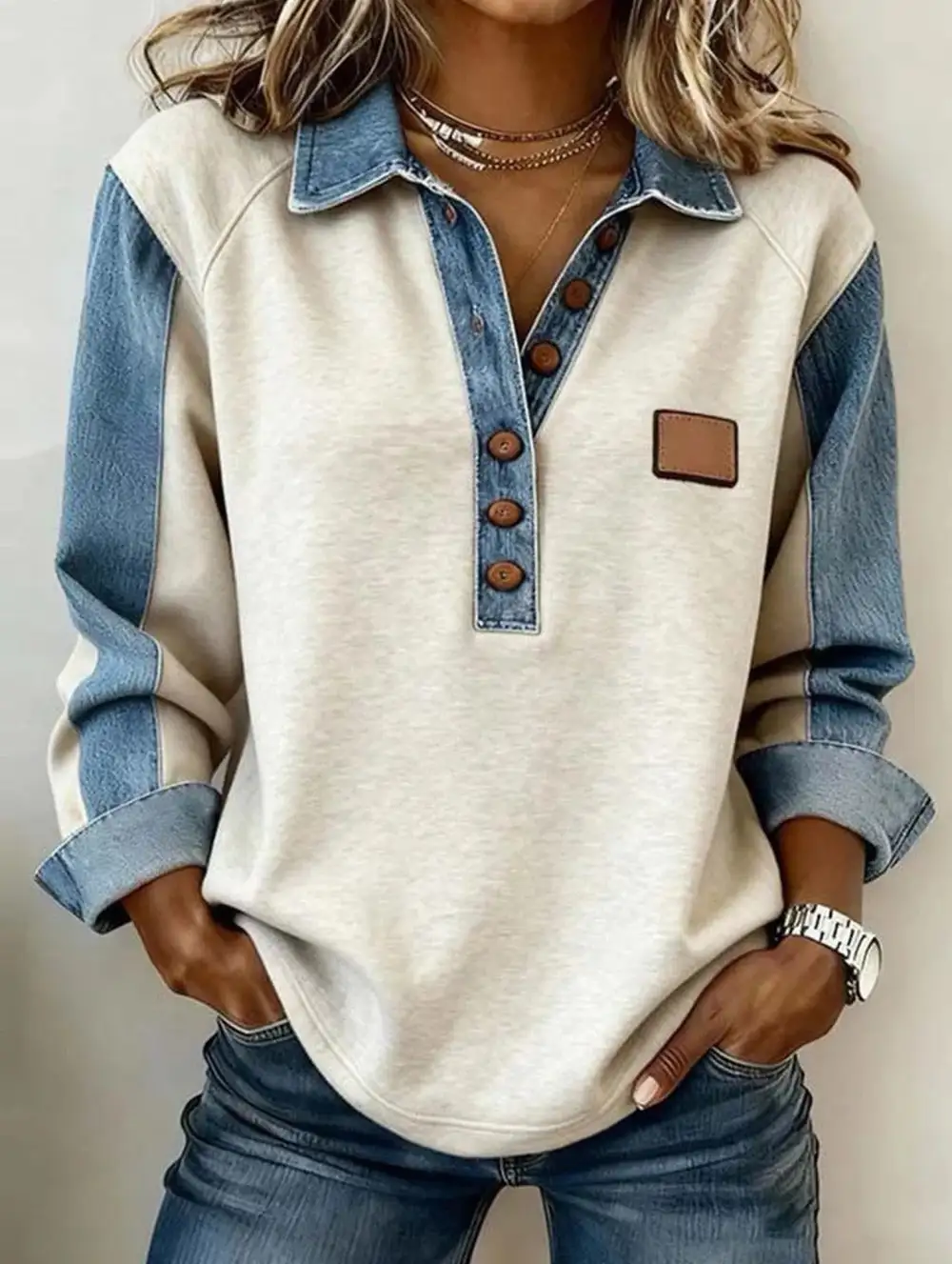 Button Detail Crew Sweatshirt