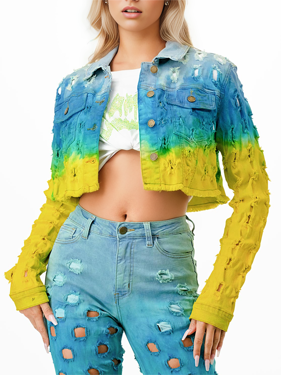 Ombre Blue - Green Cropped Denim Jacket