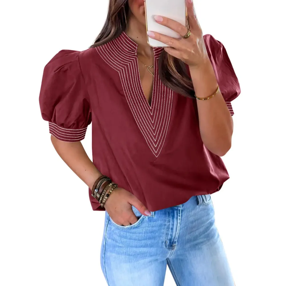 Womens Puff Short Sleeve Blouses Summer Casual Dressy Contrast Stitch