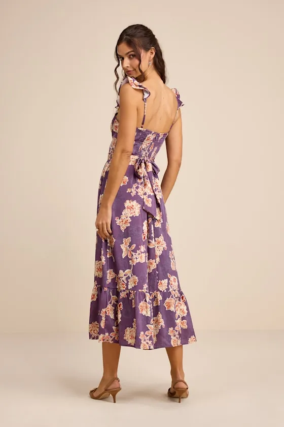 Sweet Like Sangria Pink Floral Ruffled Bustier Midi Dress