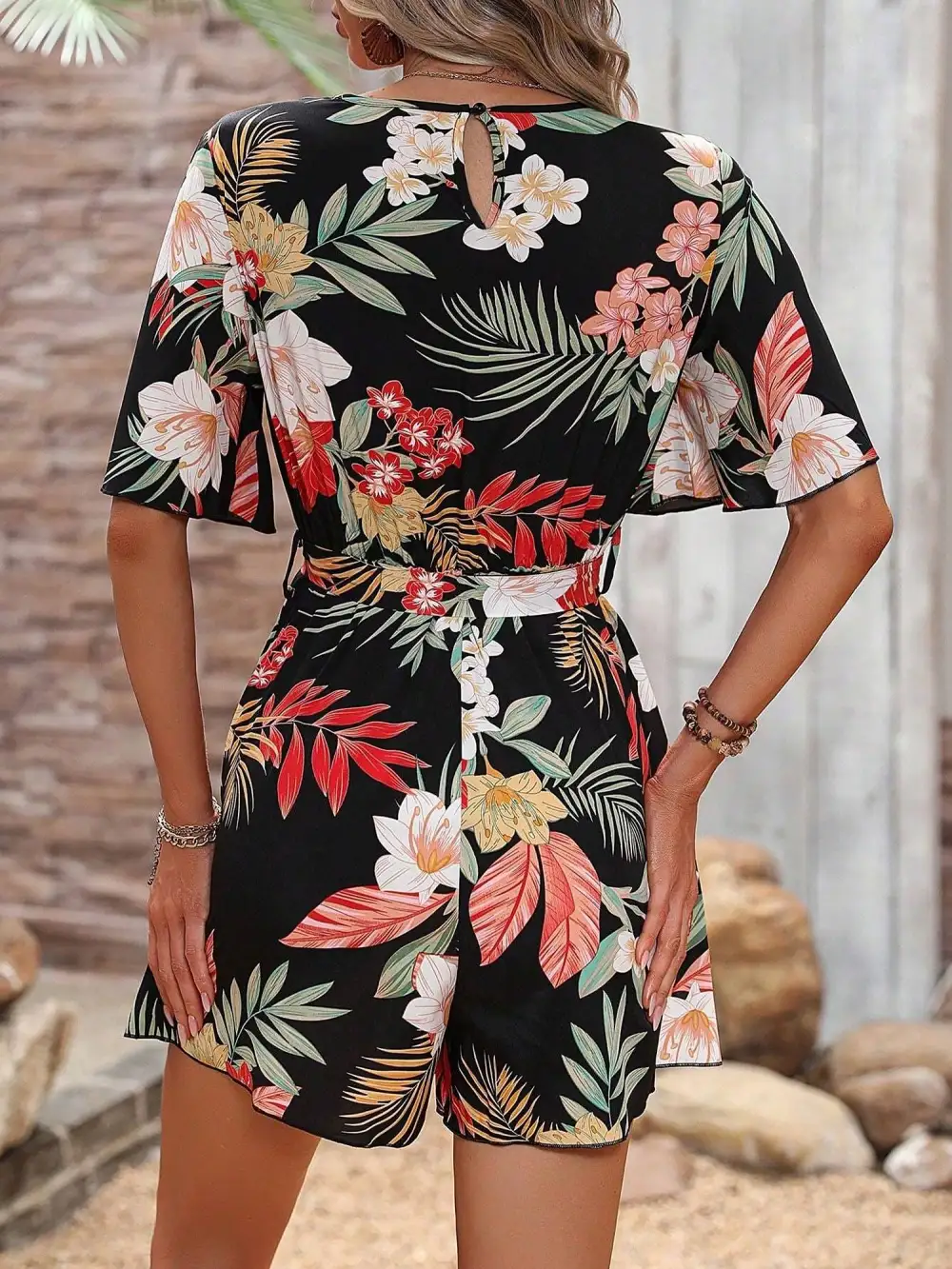 Floral Short-Sleeve V-Neck Tie-Waist Beach Romper