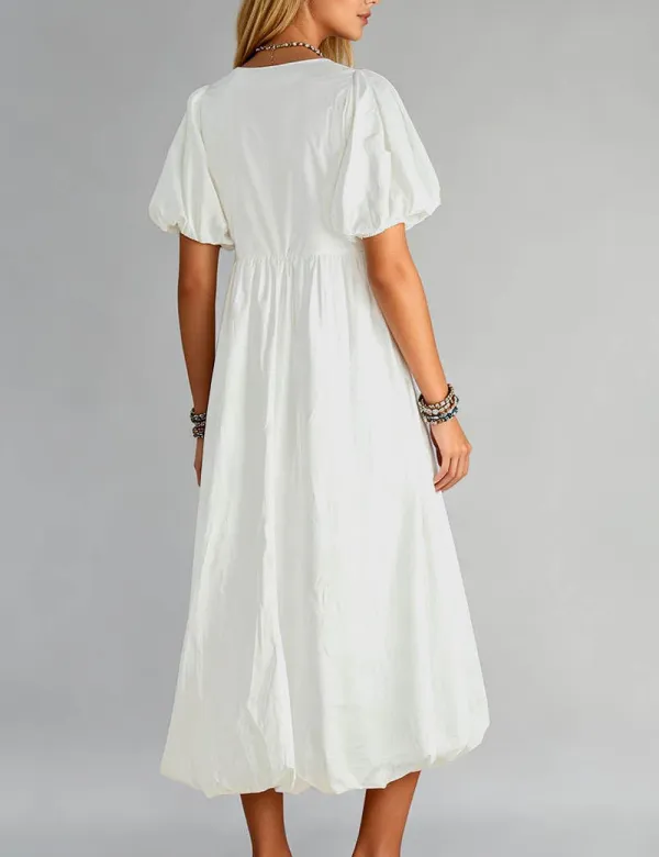 Round Neck Solid Color Puff Sleeves Midi Dress