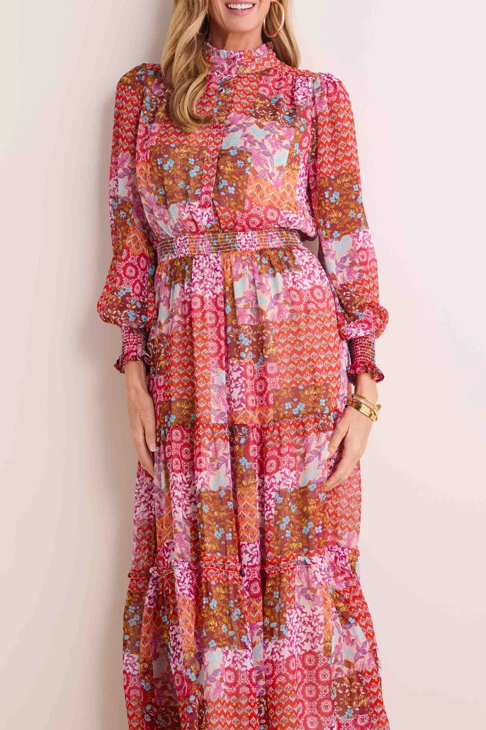 Salmon Pink Print Stand Collar Maxi Dress