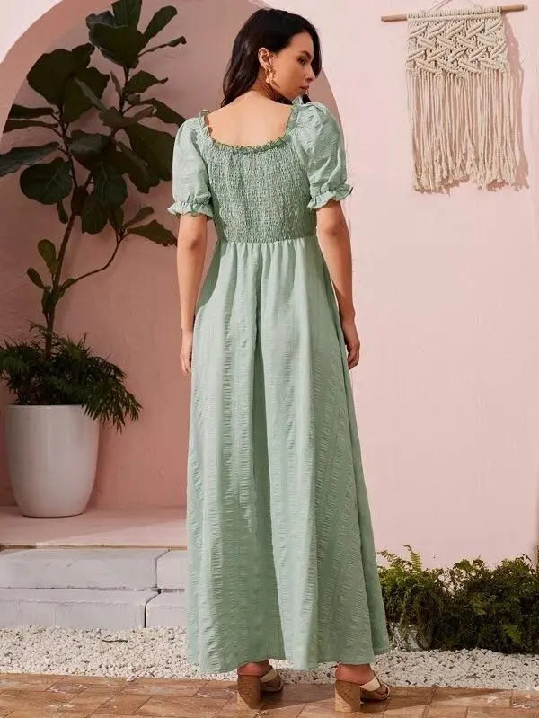 Women Ruched Front Shirred Maxi A-line Dress