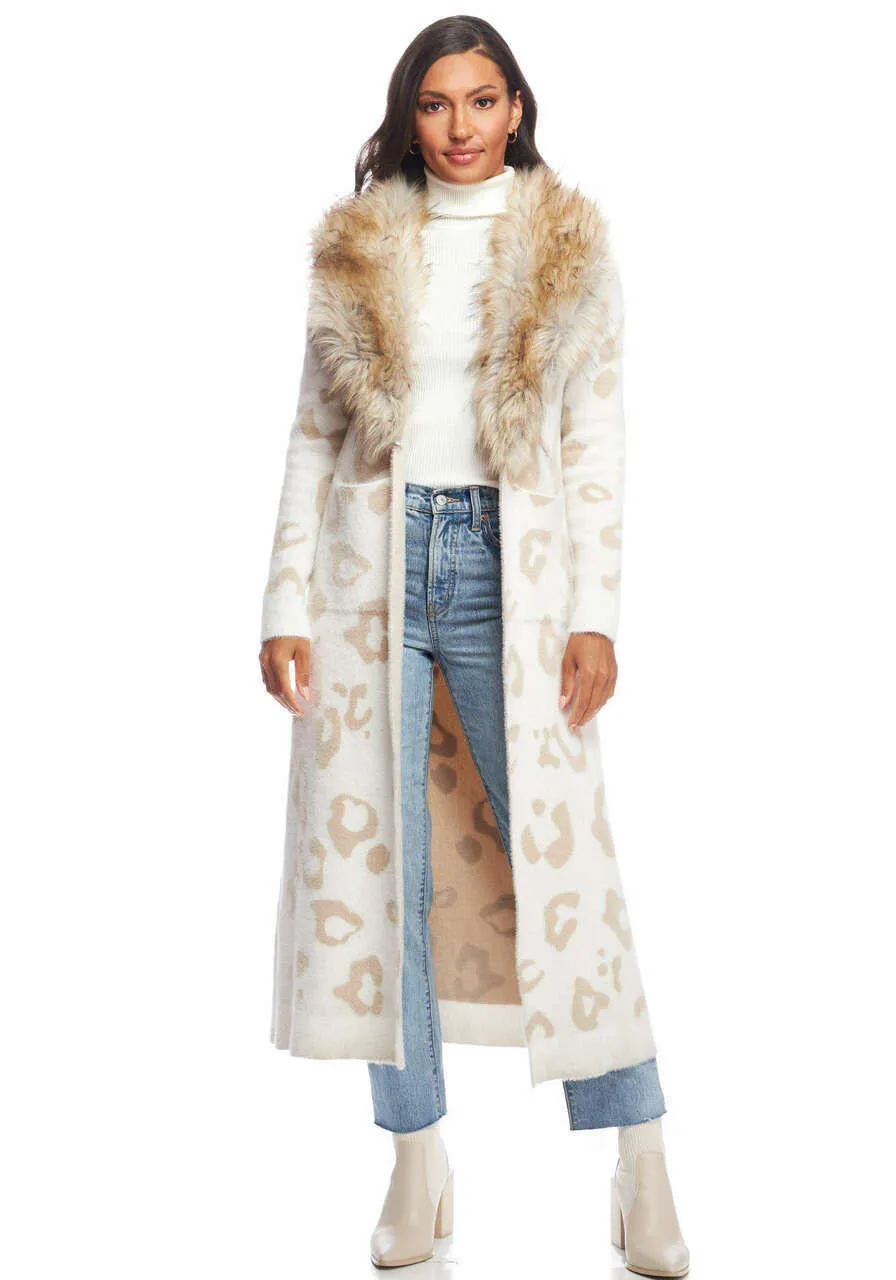 Lvory Leopard Fox Collar Duster Sweater