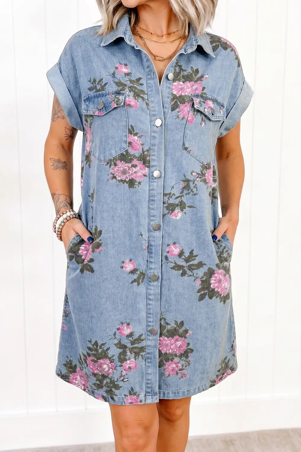 Sky Denim Floral Print Cuffed Short Sleeve Button Down Shift Dress